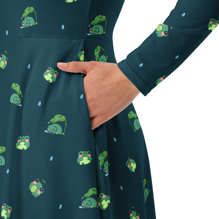 Nerdy Raining Frogs Dark Teal Long Sleeve Midi Dress