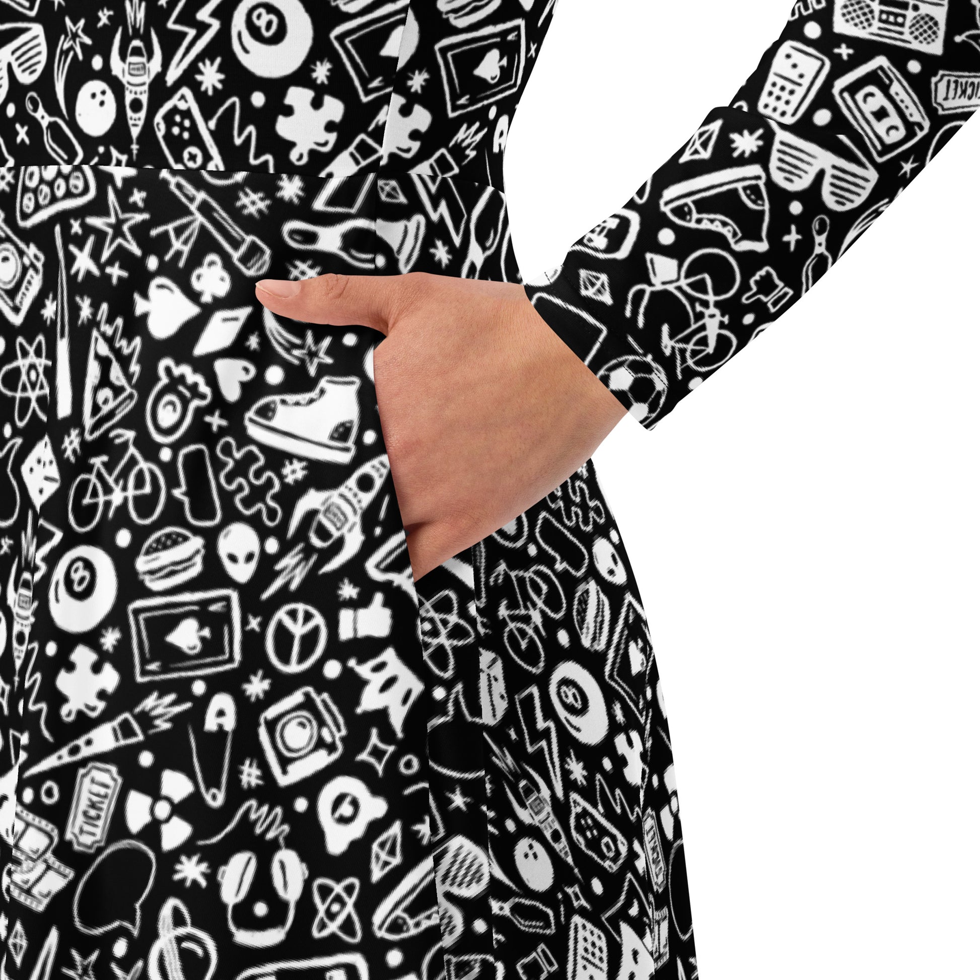 Nerdy Doodles Black Long Sleeve Midi Dress 6