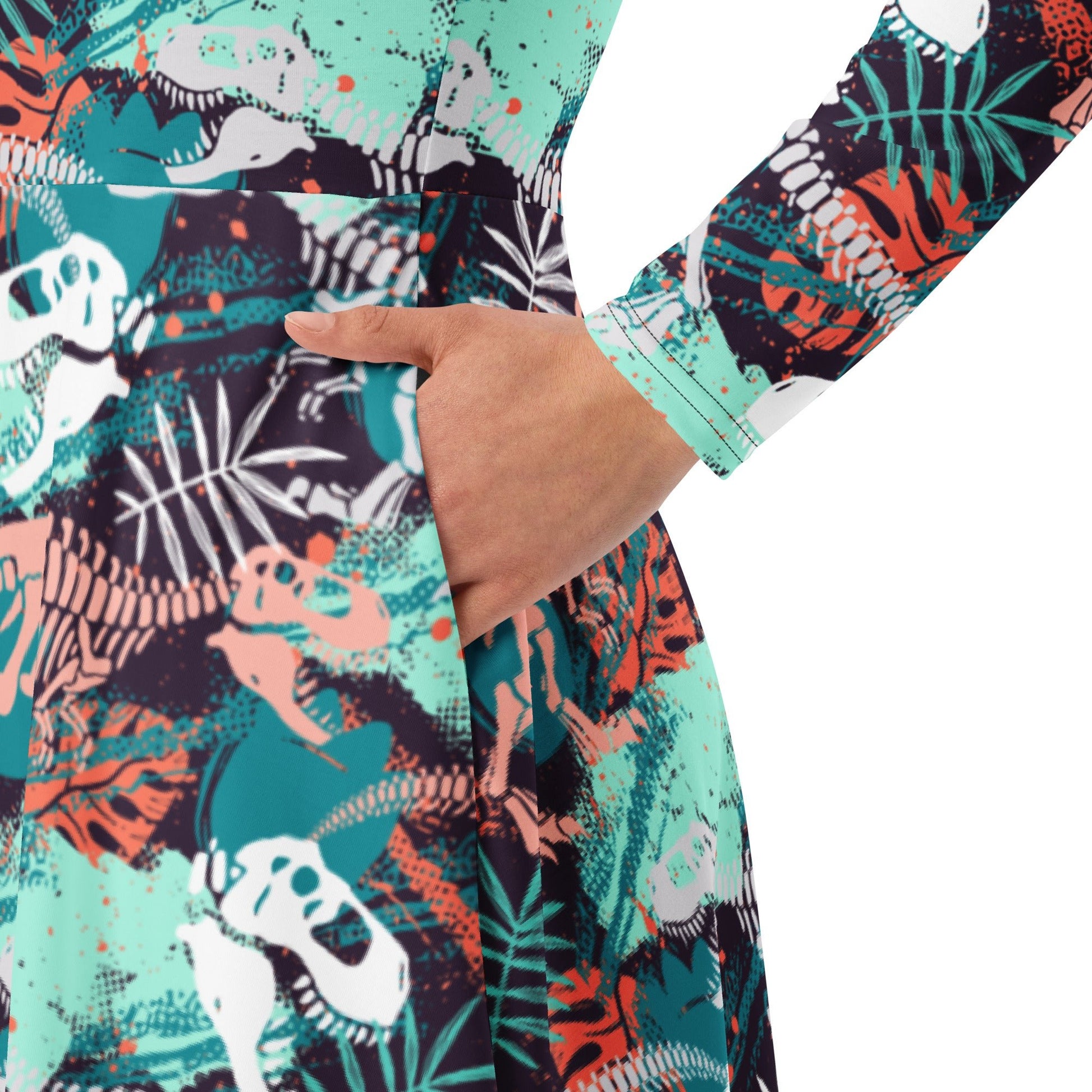 T-Rex Bones Footprints Green Long Sleeve Midi Dress 6