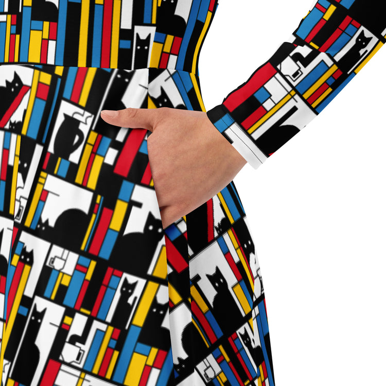 Nerdy Mondrian Cat Library Long Sleeve Midi Dress