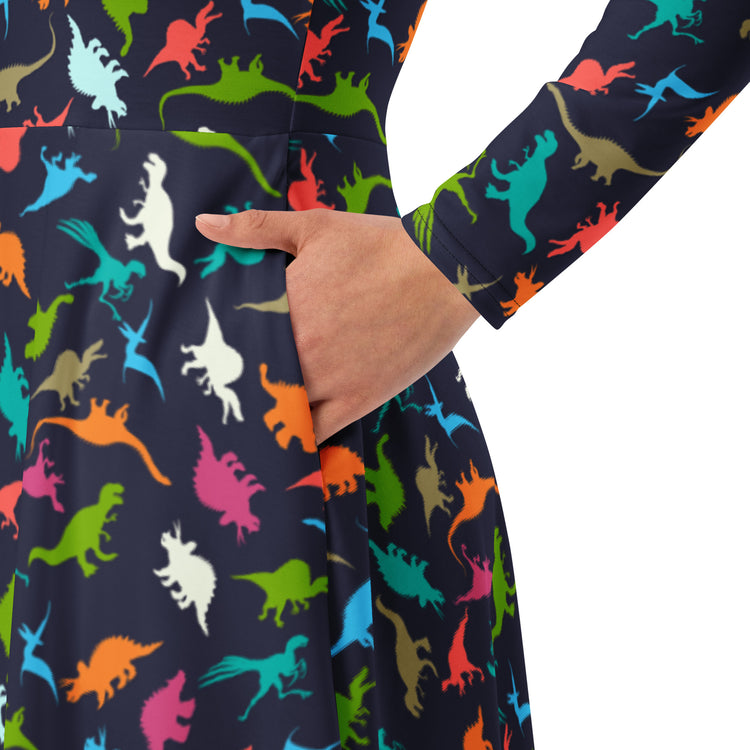 Nerdy Colorful Dinosaur Silhouettes Navy Long Sleeve Midi Dress
