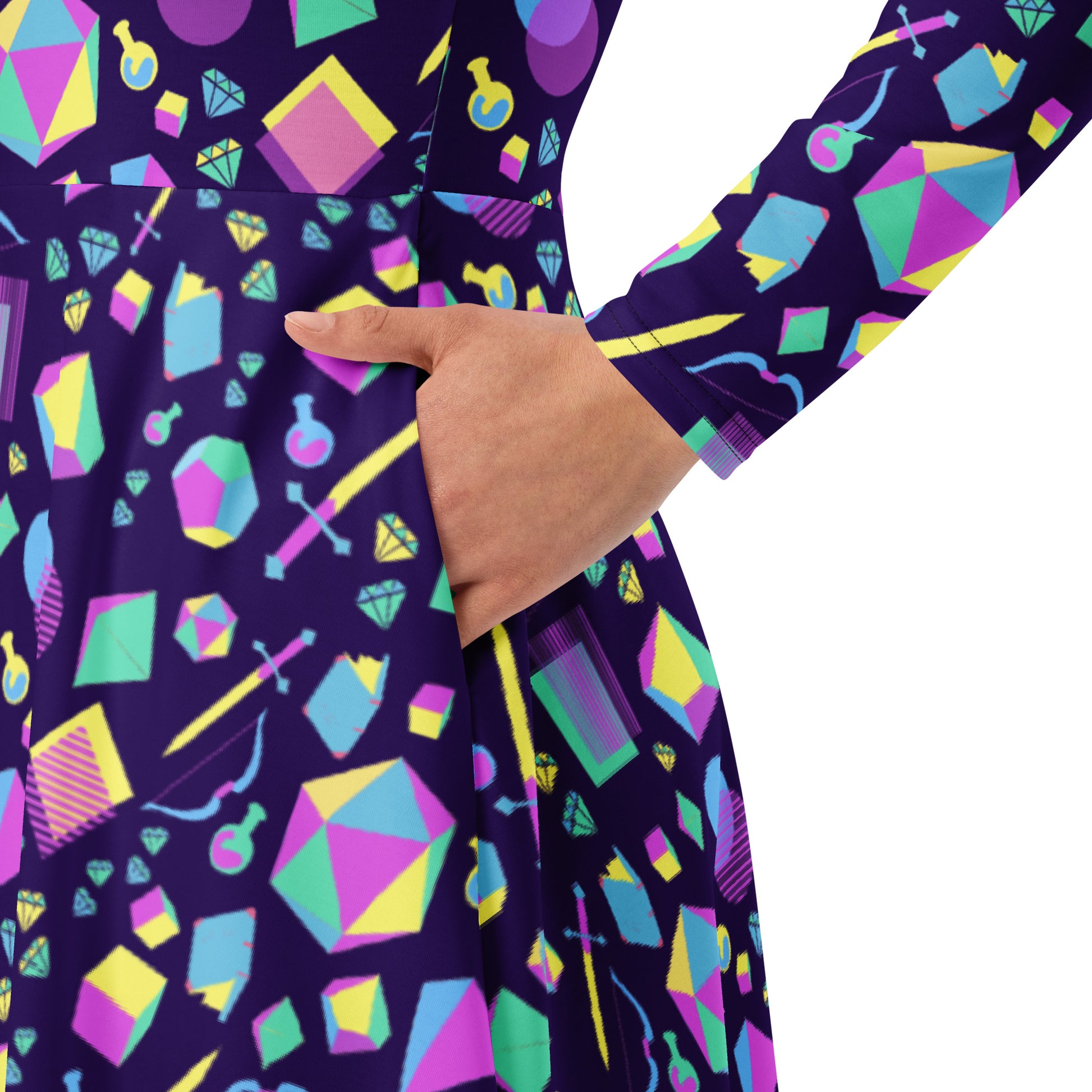 Tabletop RPG Weapons Items Purple Blue Dnd Long Sleeve Midi Dress 6