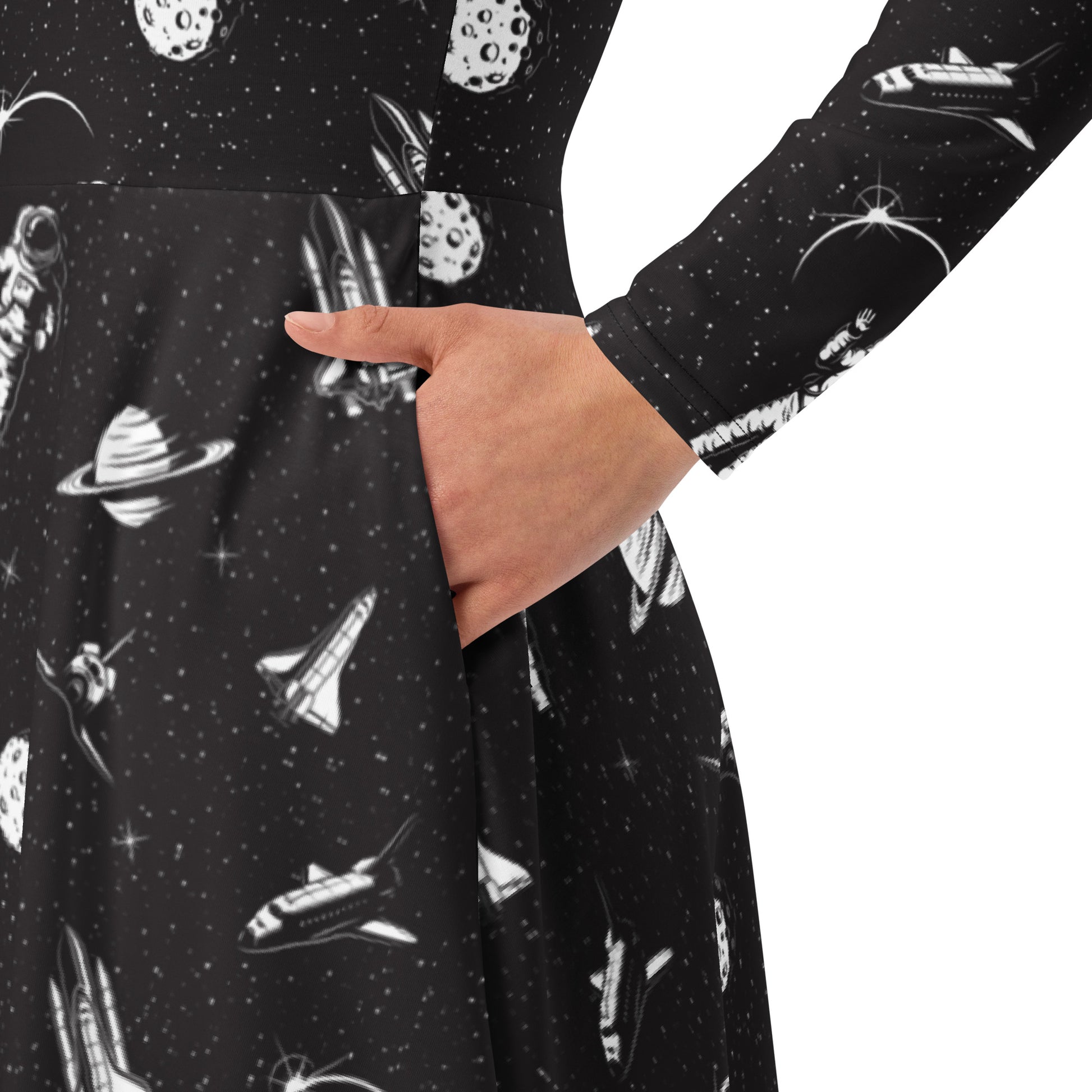 Space Mission Black Outer Space Long Sleeve Midi Dress 6
