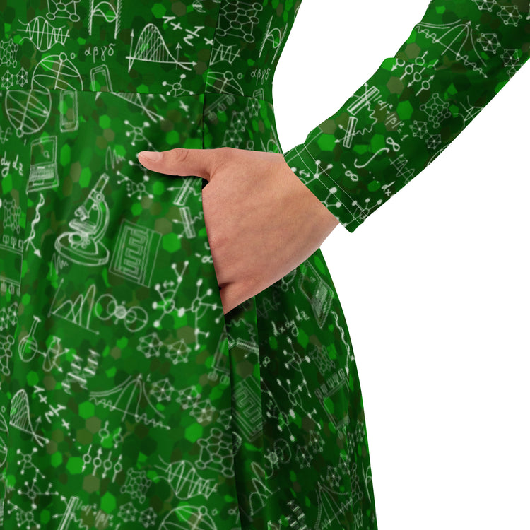 Nerdy Mad Science Lab Green Long Sleeve Midi Dress
