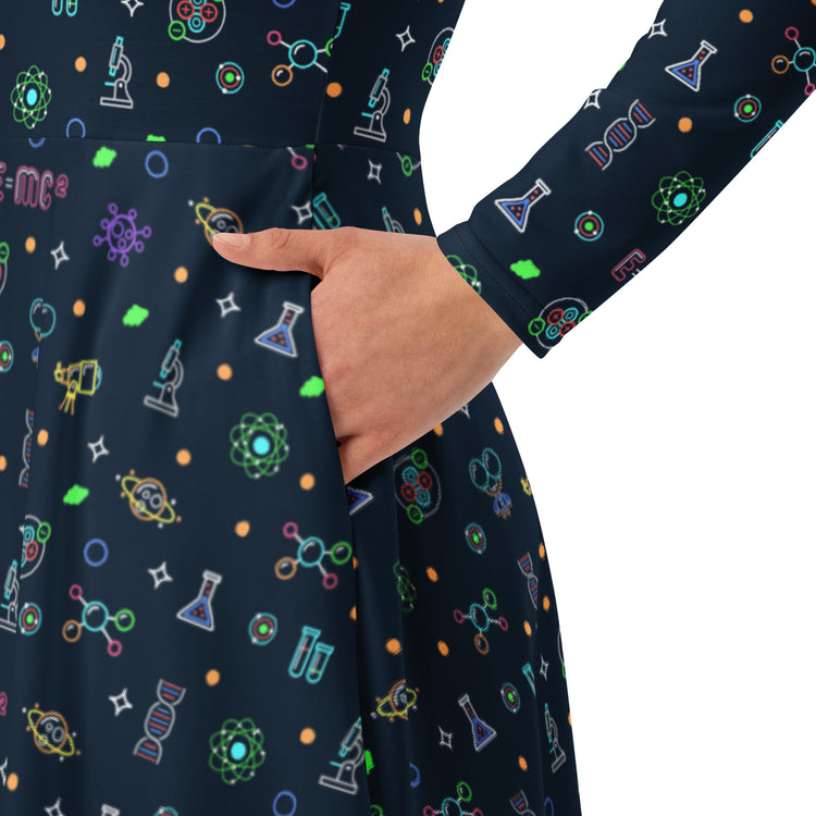 Nerdy Science DNA Molecules Dark Navy Long Sleeve Midi Dress