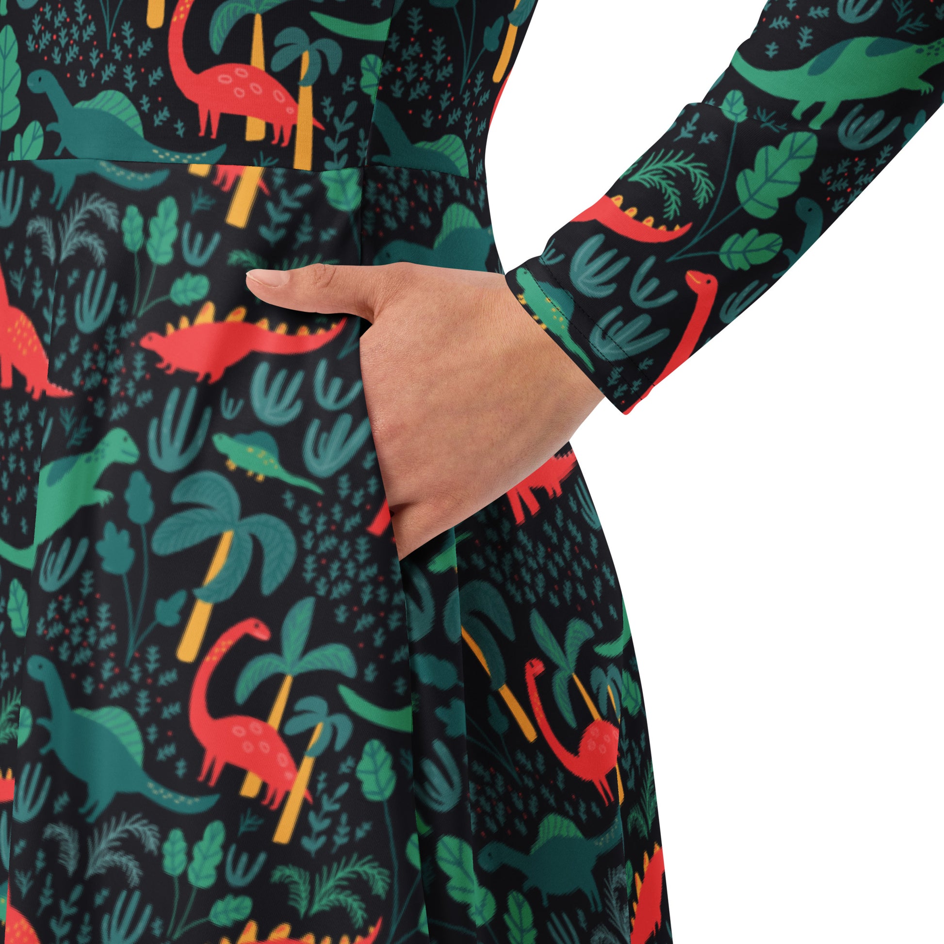 Tropical Dinosaur Green Aloha Long Sleeve Midi Dress 6