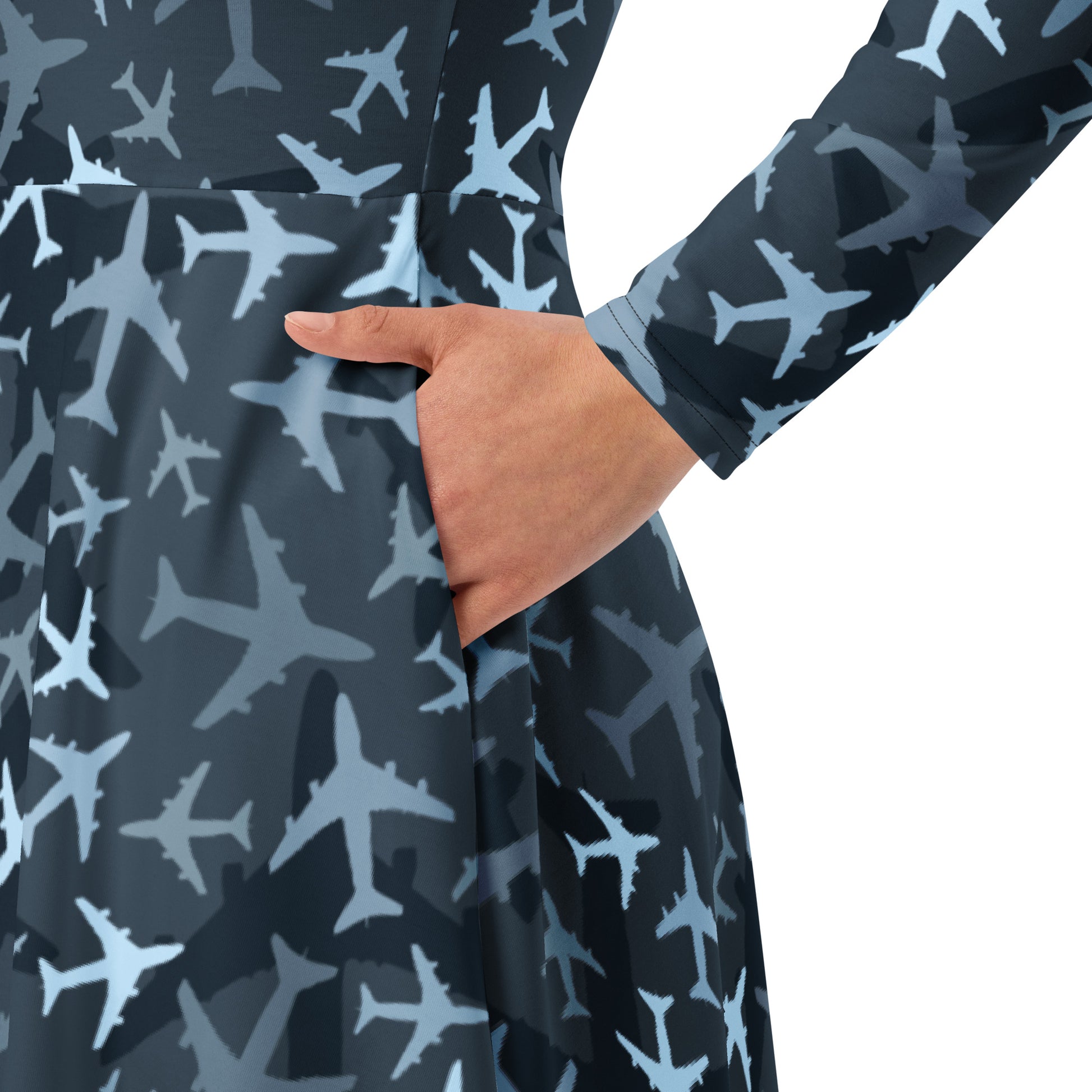 Airplanes Blue Camouflage Blue Long Sleeve Midi Dress 6