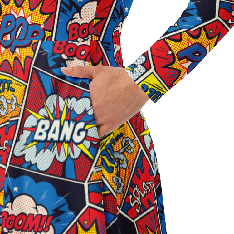 Nerdy Pop Art Comic Book Red Long Sleeve Midi Dress