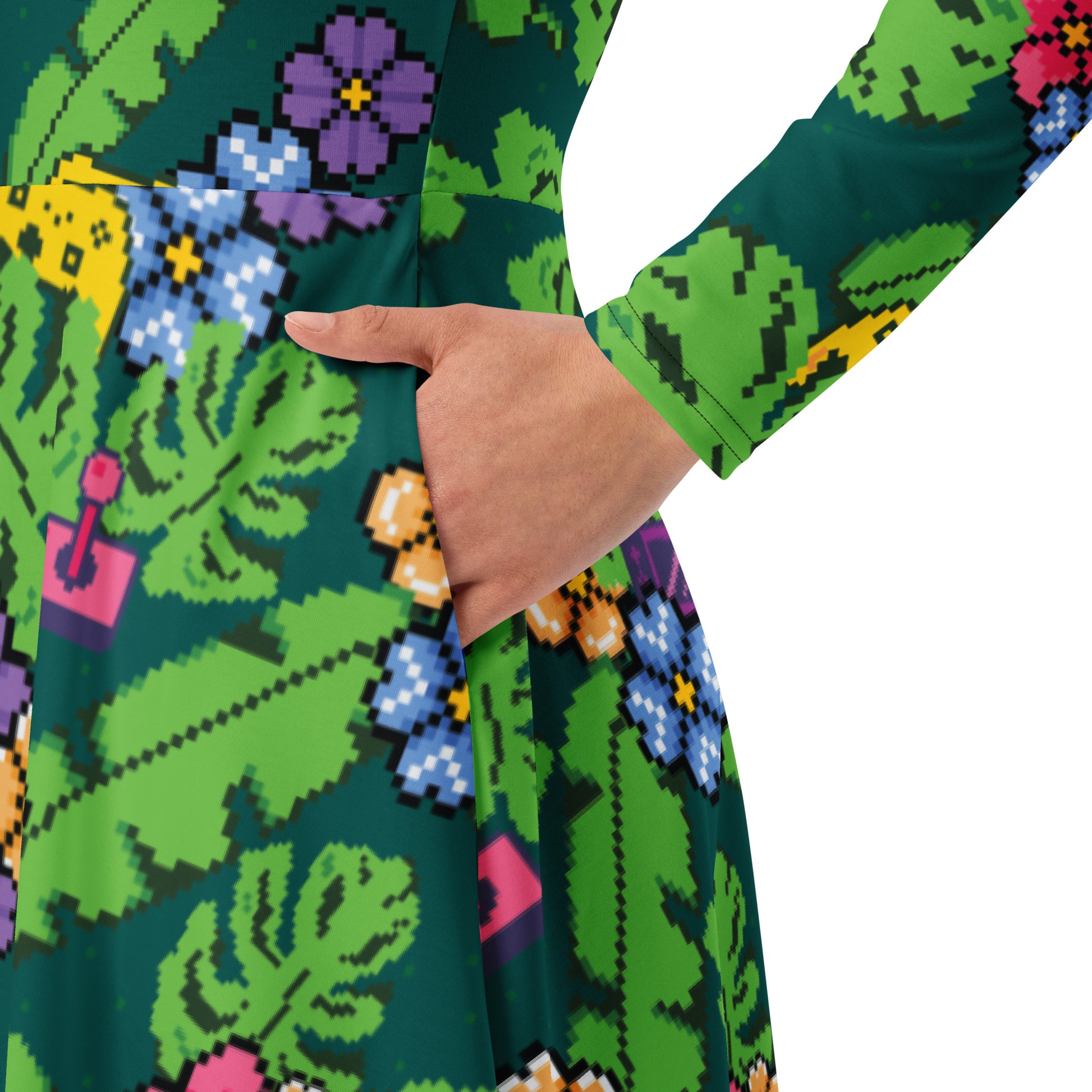 Tropical Video Game Pixels Long Sleeve Midi Dress 6