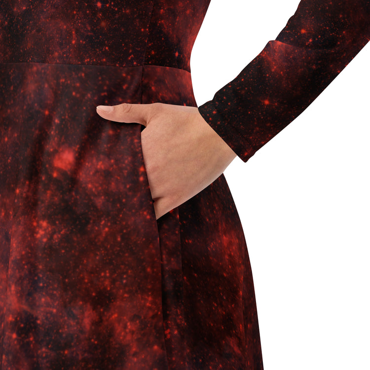 Nerdy Red Nebula Space Long Sleeve Midi Dress