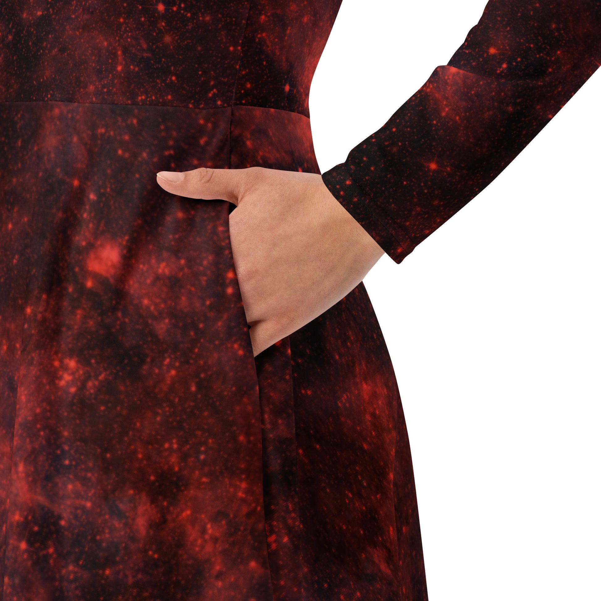 Red Nebula Space Long Sleeve Midi Dress 6