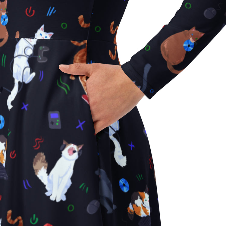 Nerdy Video Game Cats Dark Long Sleeve Midi Dress