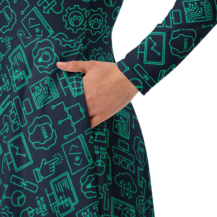 Nerdy Computer Internet Technology Long Sleeve Midi Dress