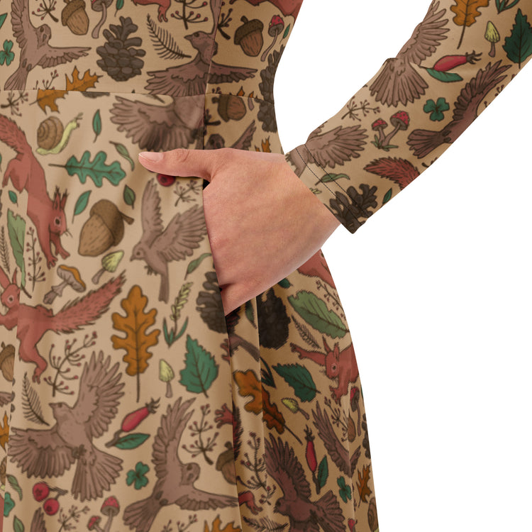 Nerdy Fall Squirrel Long Sleeve Midi Dress