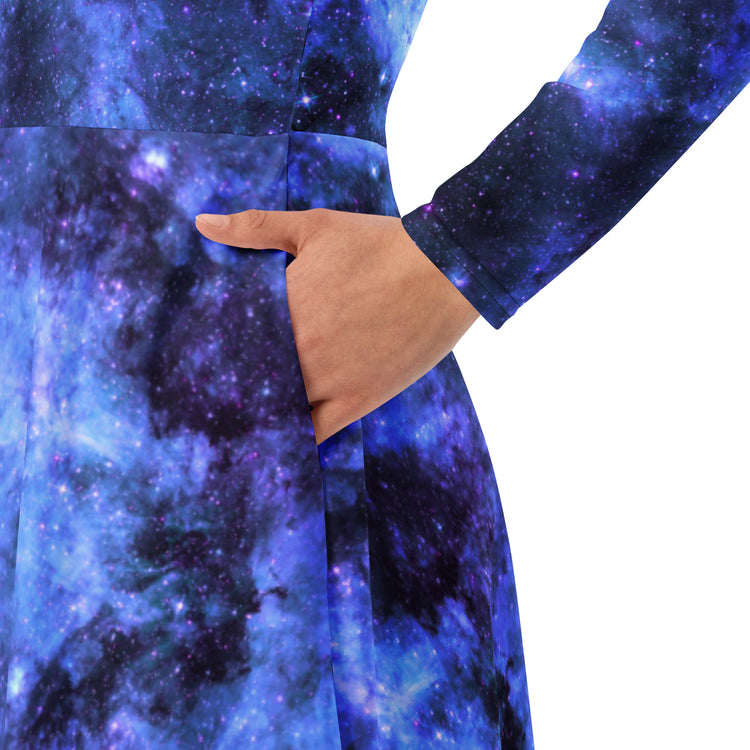 Nerdy Blue Purple Nebula Space Long Sleeve Midi Dress