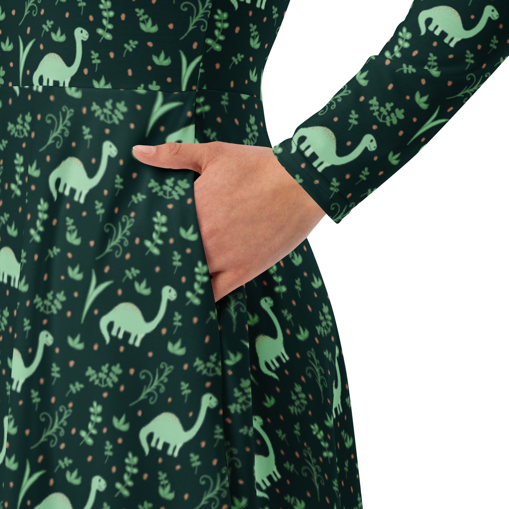 Dino Green Tropics Green Dinosaur Long Sleeve Midi Dress 6
