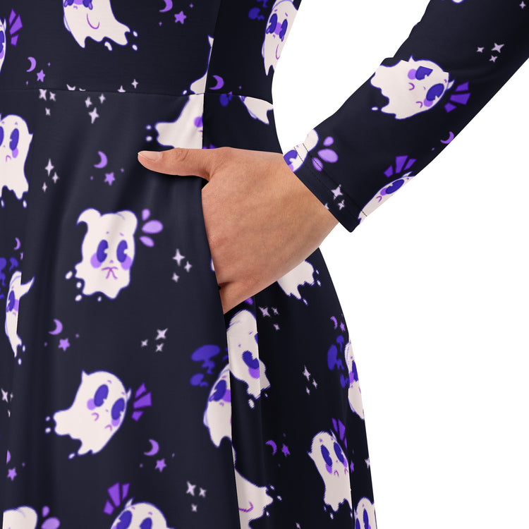 Nerdy Anxious Ghosts Purple Long Sleeve Midi Dress