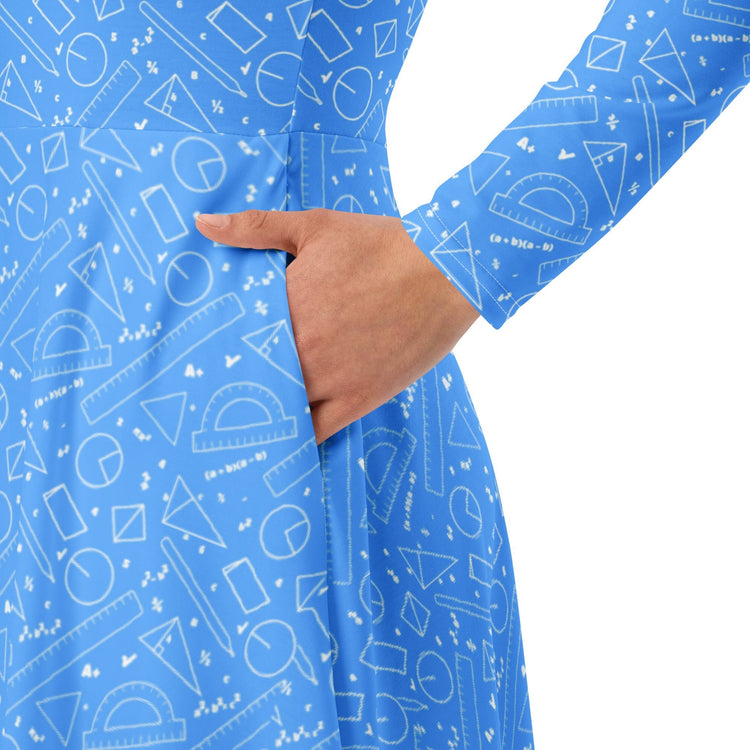 Nerdy Geometry Blue Math Long Sleeve Midi Dress