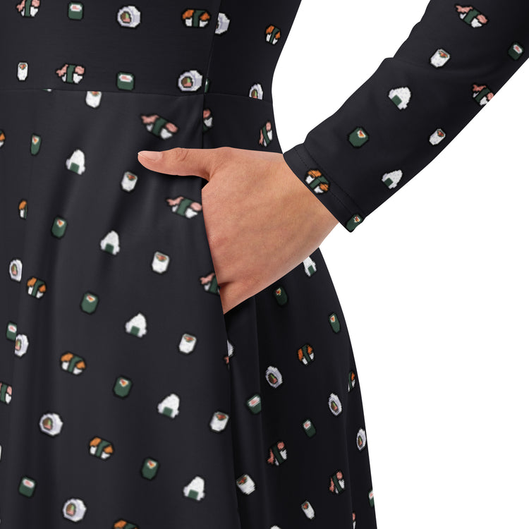 Nerdy Anime Sushi Rolls Dark Long Sleeve Midi Dress