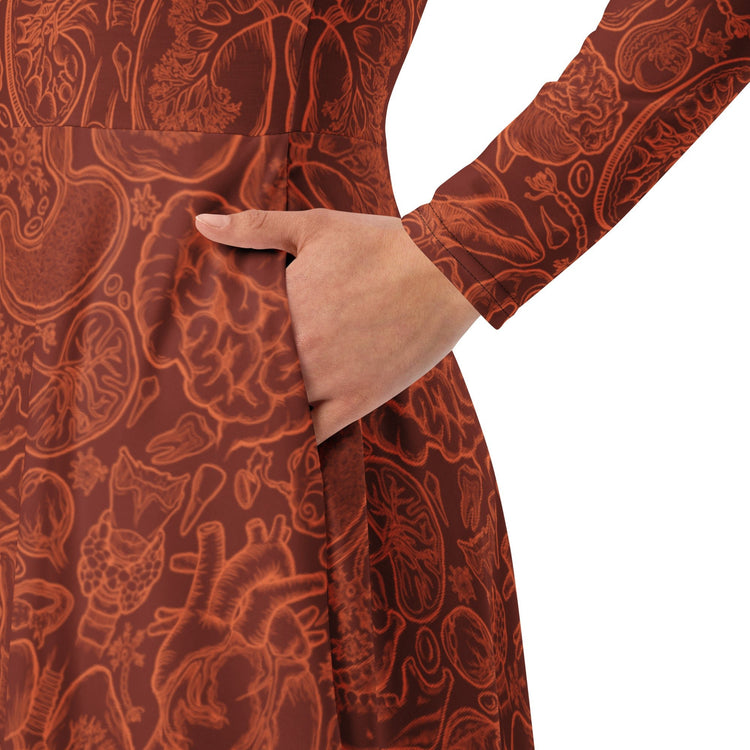 Nerdy Human Anatomy Red Long Sleeve Midi Dress