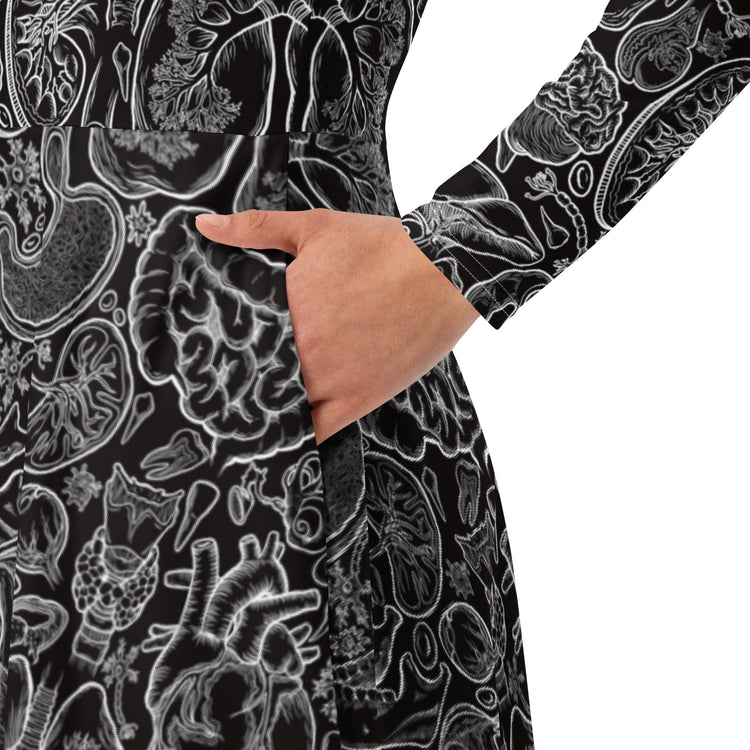 Nerdy Human Anatomy Black Long Sleeve Midi Dress