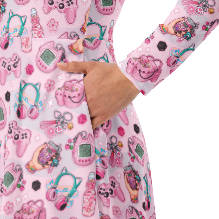 Nerdy Anime Gamer Items Pink Long Sleeve Midi Dress