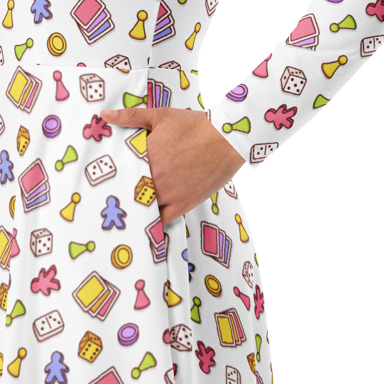 Nerdy Board Game Objects Meeples White Long Sleeve Midi Dress