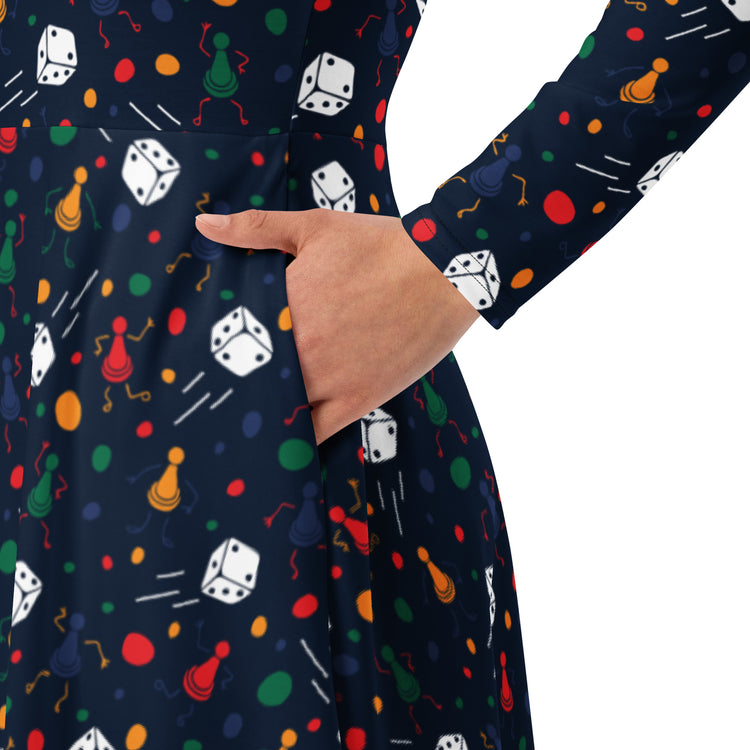 Nerdy Pawn Party Blue Board Game Long Sleeve Midi Dress