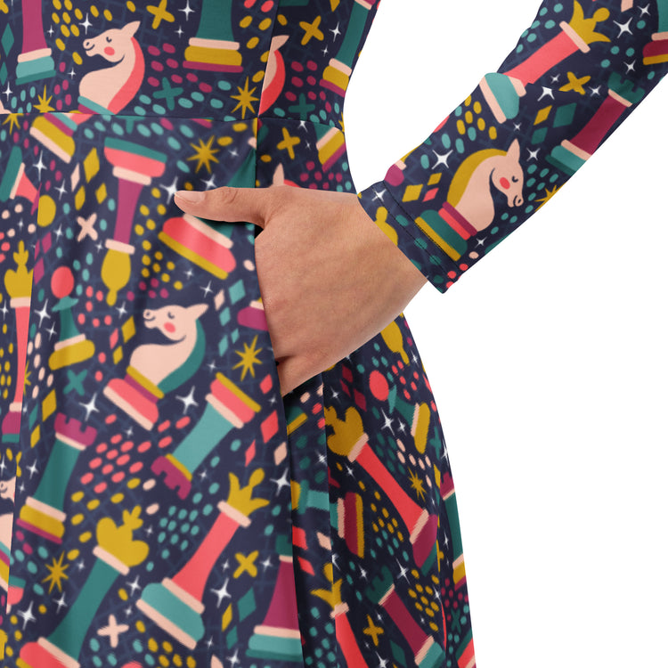 Nerdy Chess Colorful Chess Pieces Blue Long Sleeve Midi Dress