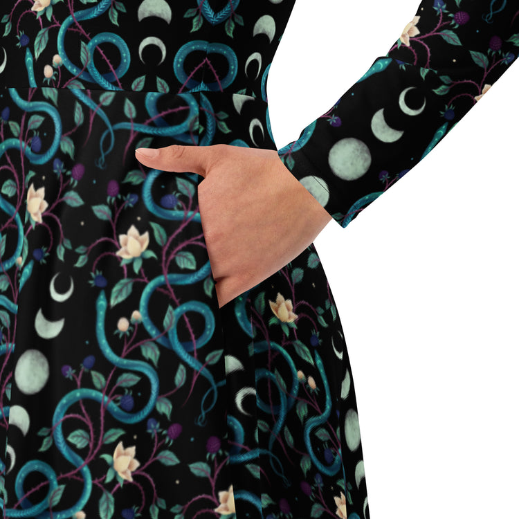 Nerdy Episodic Serpent Moon Long Sleeve Midi Dress