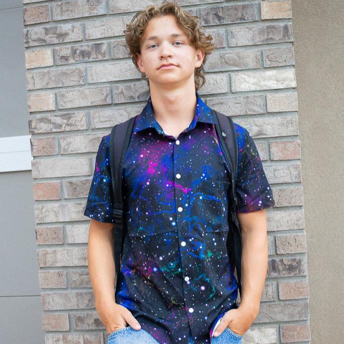 Ready - to - Ship - Beautiful Nebula Outer Space Button Up Shirt Geek Nerd adult sizing fix outer space & astronaut print