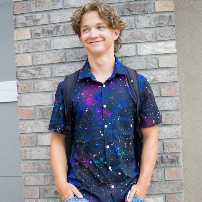 Ready - to - Ship - Beautiful Nebula Outer Space Button Up Shirt Geek Nerd adult sizing fix outer space & astronaut print