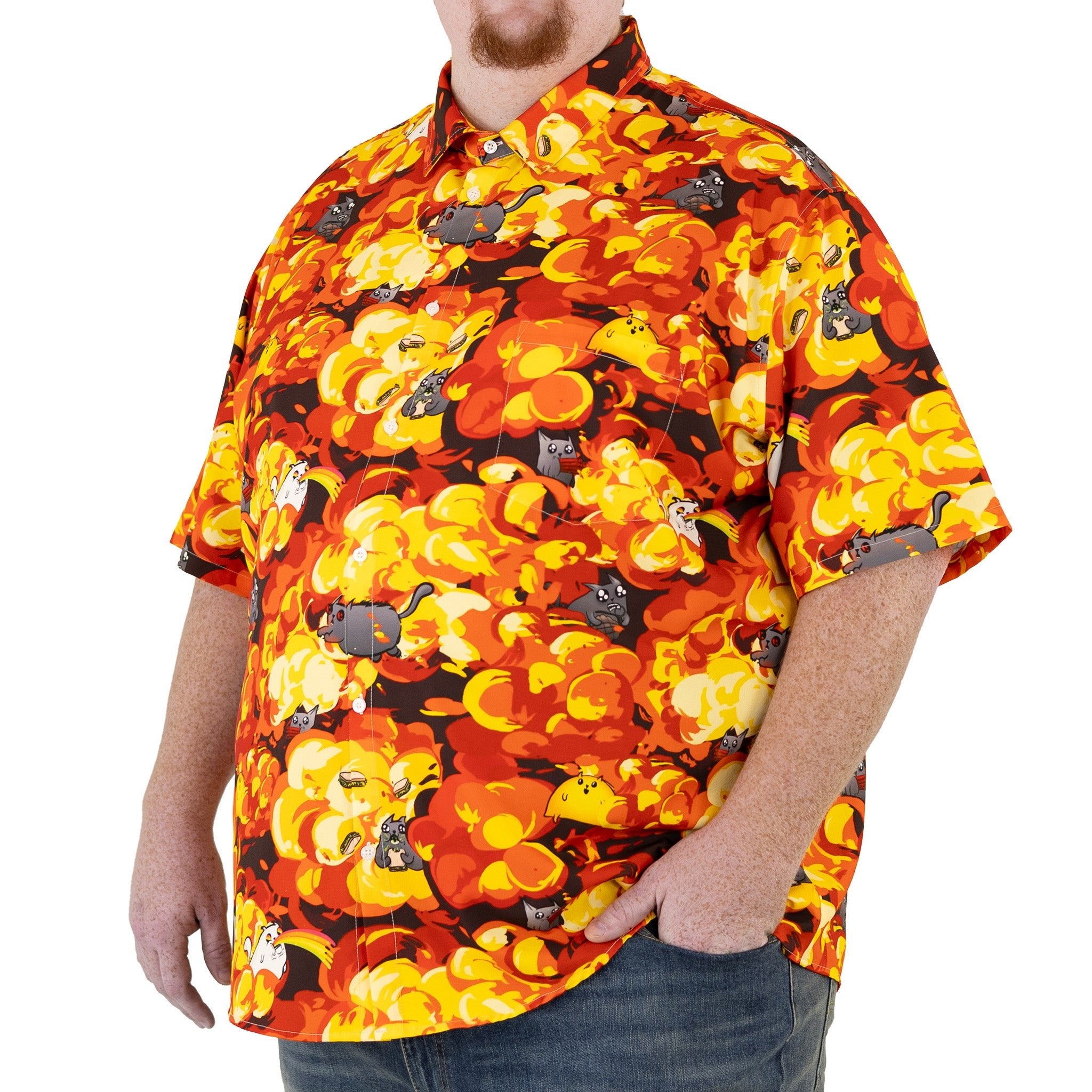 Ready-to-Ship Chaotic Exploding Kittens Button Up Shirt - adult sizing - Animal Patterns - board game print