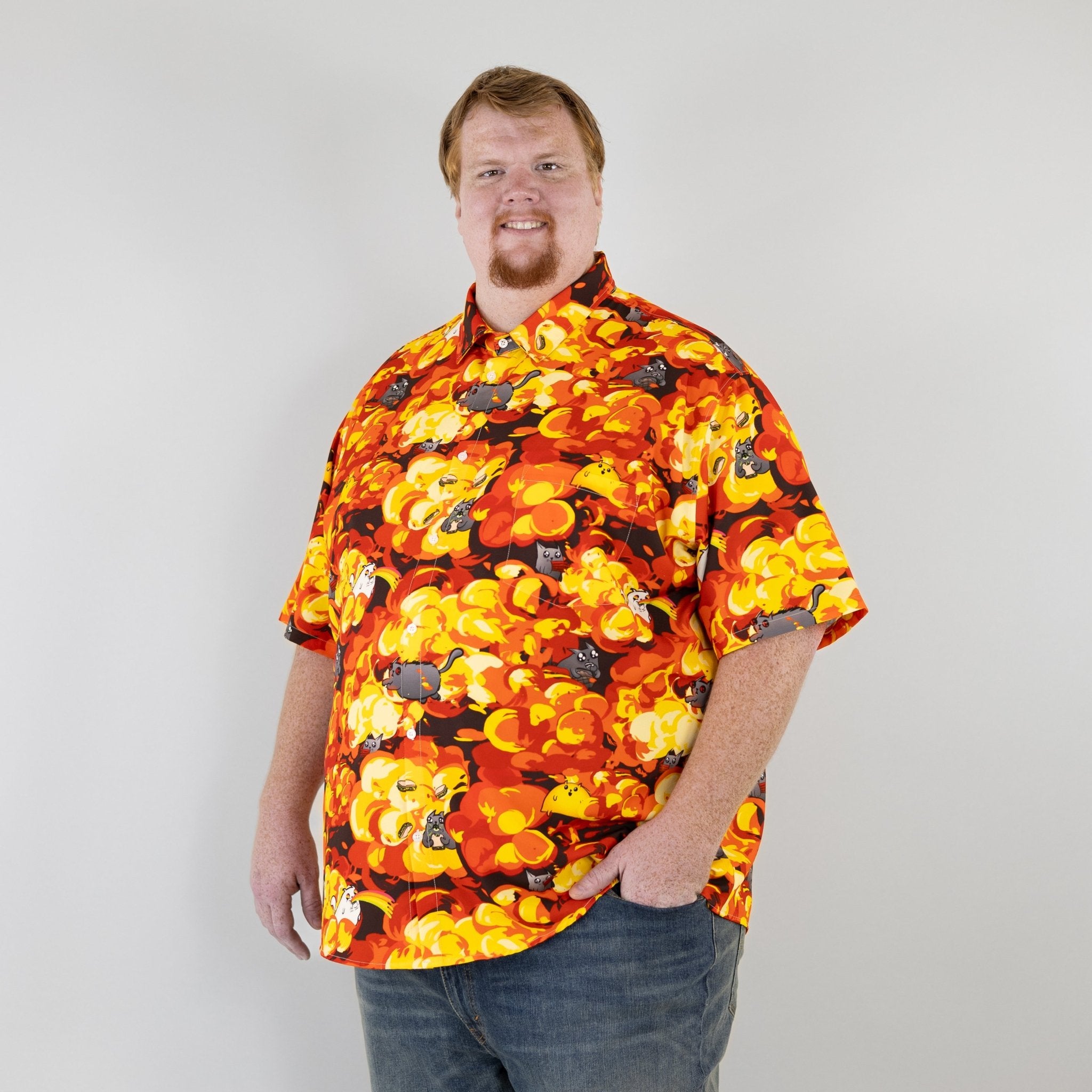 Chaotic Exploding Kittens Button Up Shirt - adult sizing - Animal Patterns - board game print