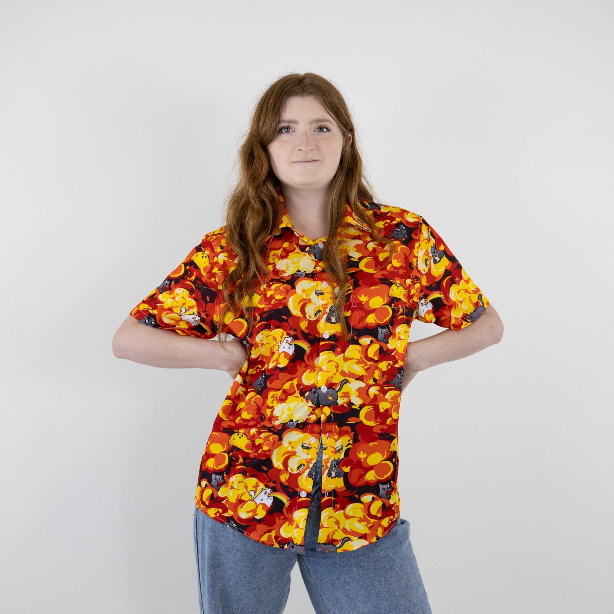 Chaotic Exploding Kittens Button Up Shirt - adult sizing - Animal Patterns - board game print