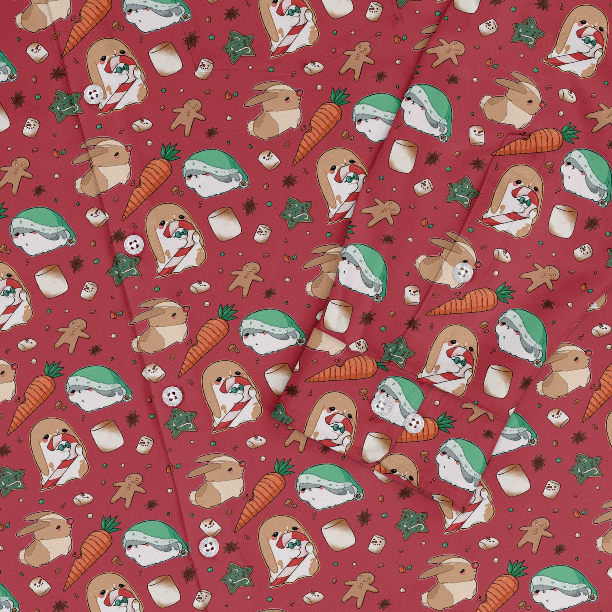 cinnamon anime bunnies Long Sleeve Button Up Shirt Geek Nerd adult sizing Anime Christmas Print