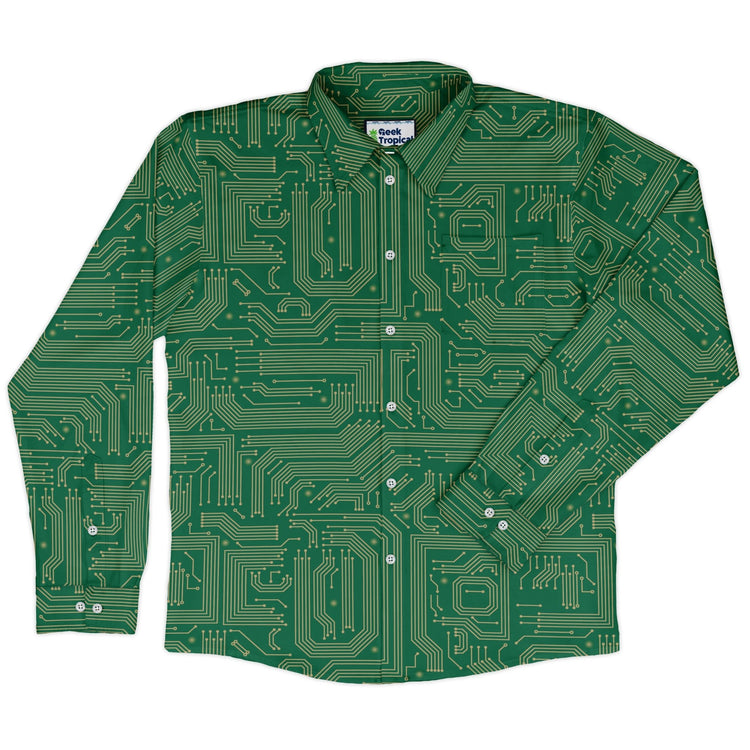 computer circuit board yellow green Long Sleeve Button Up Shirt Geek Nerd 0925 adult sizing All Adult Button Up Shirts