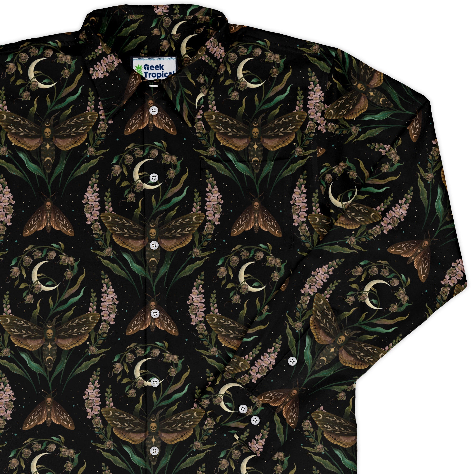 Episodic Death Moth Flow Long Sleeve Button Up Shirt Geek Nerd adult sizing Botany Print Design by Episodic