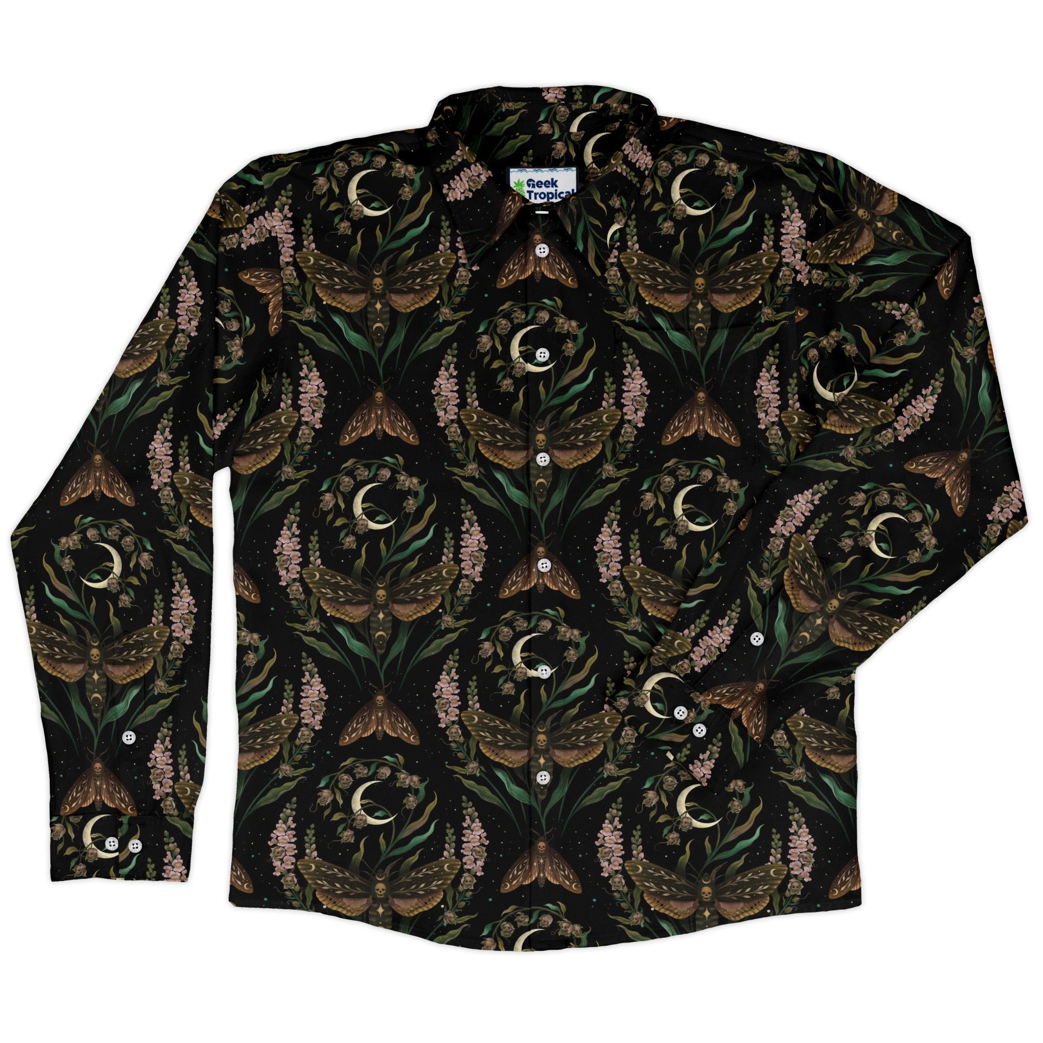 Episodic Death Moth Flow Long Sleeve Button Up Shirt Geek Nerd adult sizing Botany Print Design by Episodic