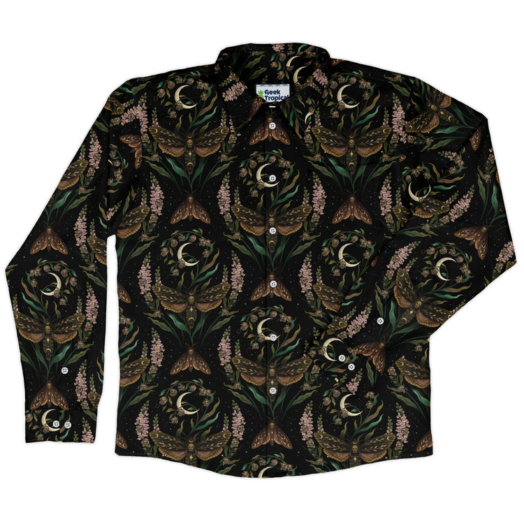 Episodic Death Moth Flow Long Sleeve Button Up Shirt Geek Nerd adult sizing Botany Print Design by Episodic