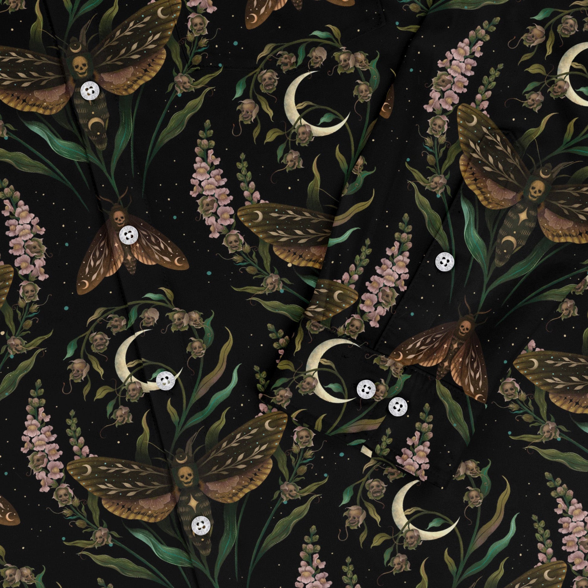 Episodic Death Moth Flow Long Sleeve Button Up Shirt Geek Nerd adult sizing Botany Print Design by Episodic