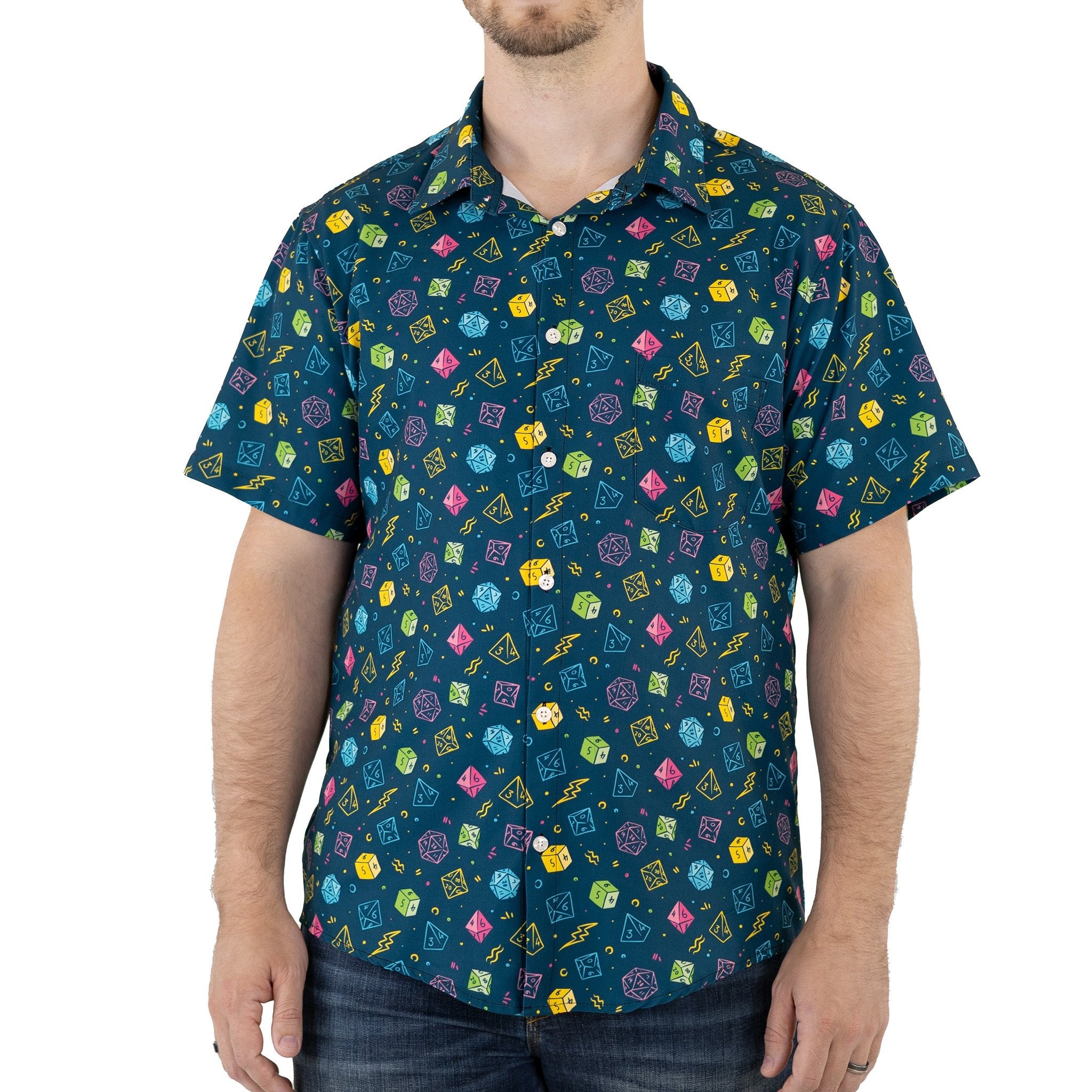 Ready-to-Ship Dnd RPG Dice Blue Button Up Shirt - adult sizing - dnd & rpg print - Maximalist Patterns