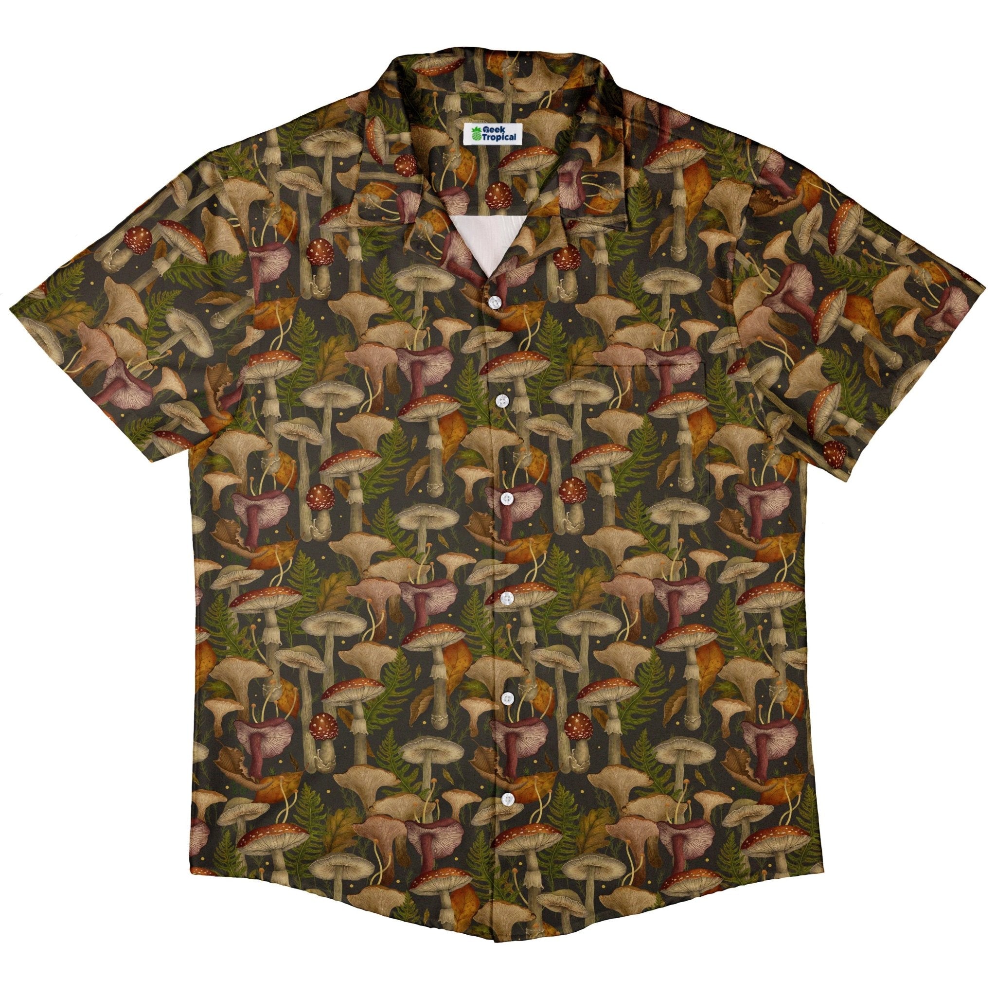 Clearance Ready - to - Ship Episodic Autumn Mushroom Collage Button Up Shirt Geek Nerd adult sizing Botany Print Clearance
