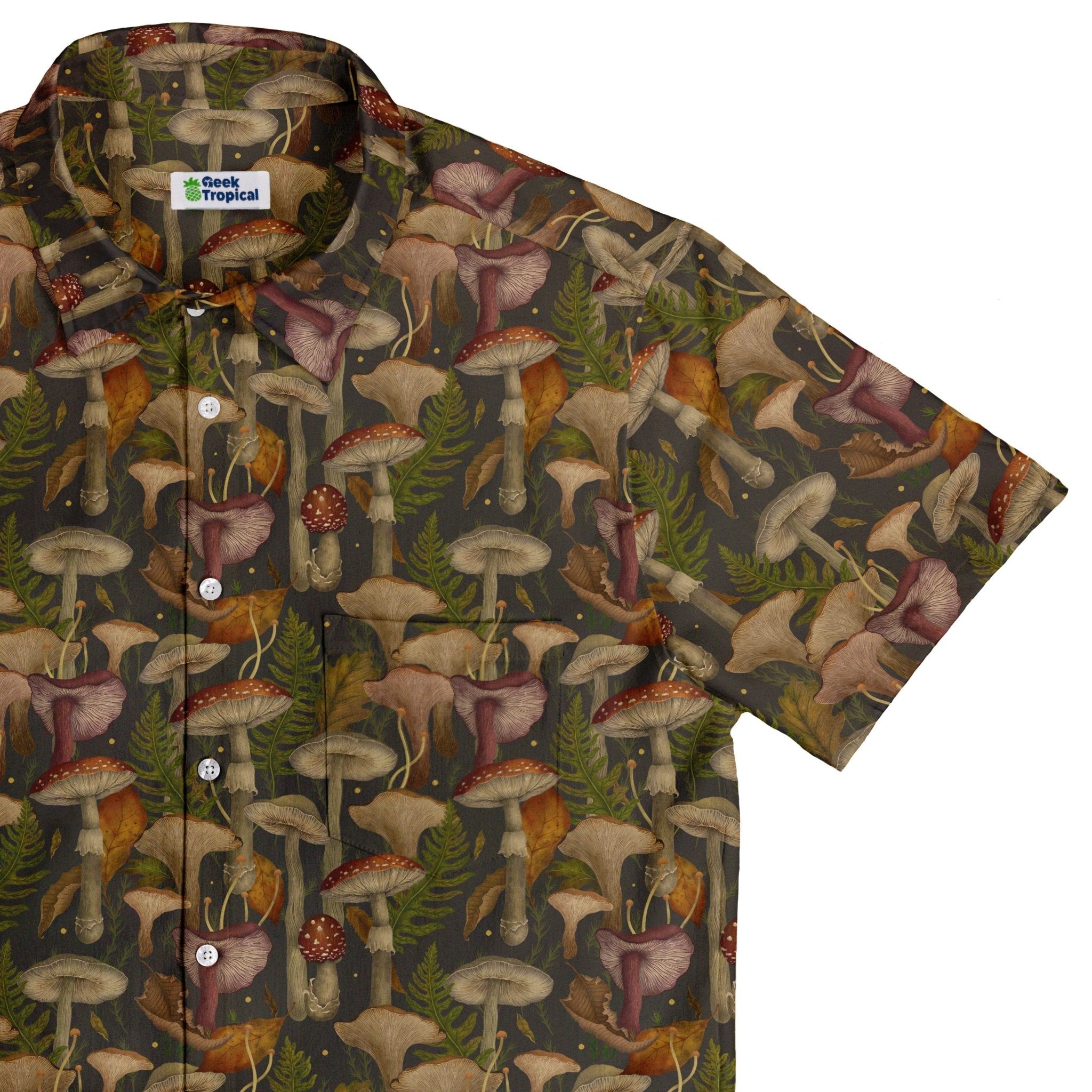 Clearance Ready - to - Ship Episodic Autumn Mushroom Collage Button Up Shirt Geek Nerd adult sizing Botany Print Clearance
