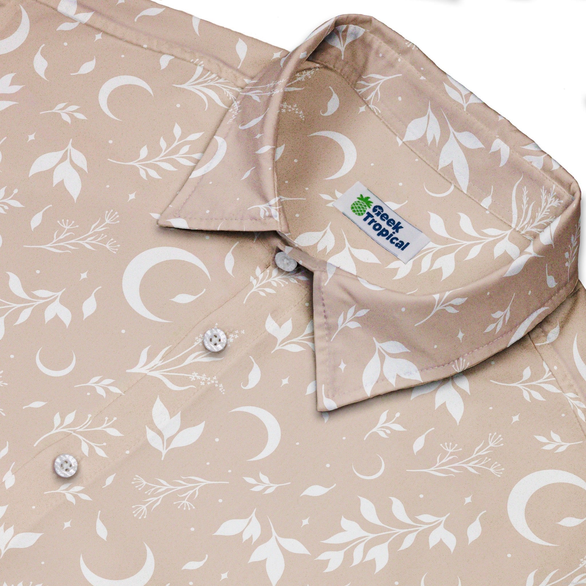 Episodic Crescent Moon Garden Biege Button Up Shirt - XS - Hawaiian Shirt - No Pocket -