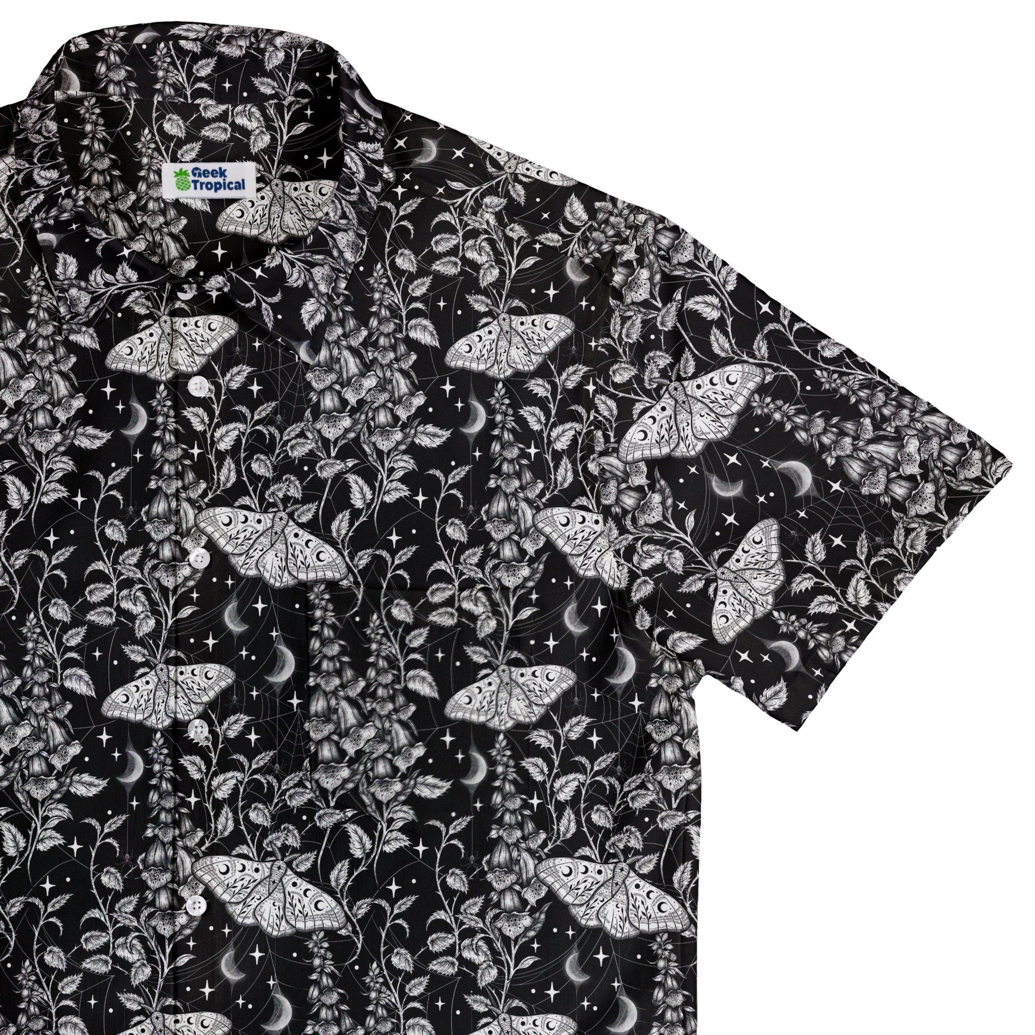 Episodic Moth Black White Night Button Up Shirt - XS - Hawaiian Shirt - No Pocket -