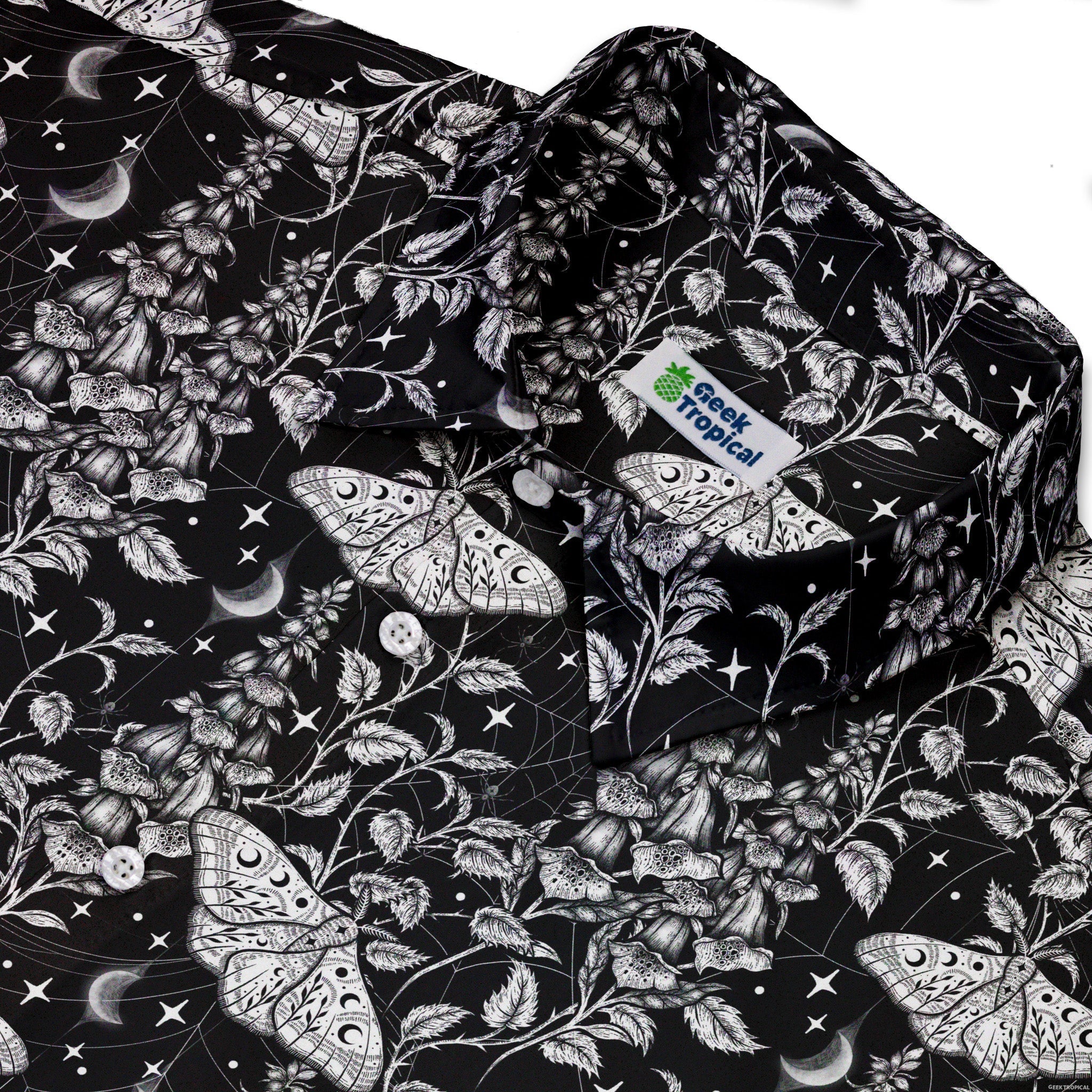 Episodic Moth Black White Night Button Up Shirt - XS - Hawaiian Shirt - No Pocket -