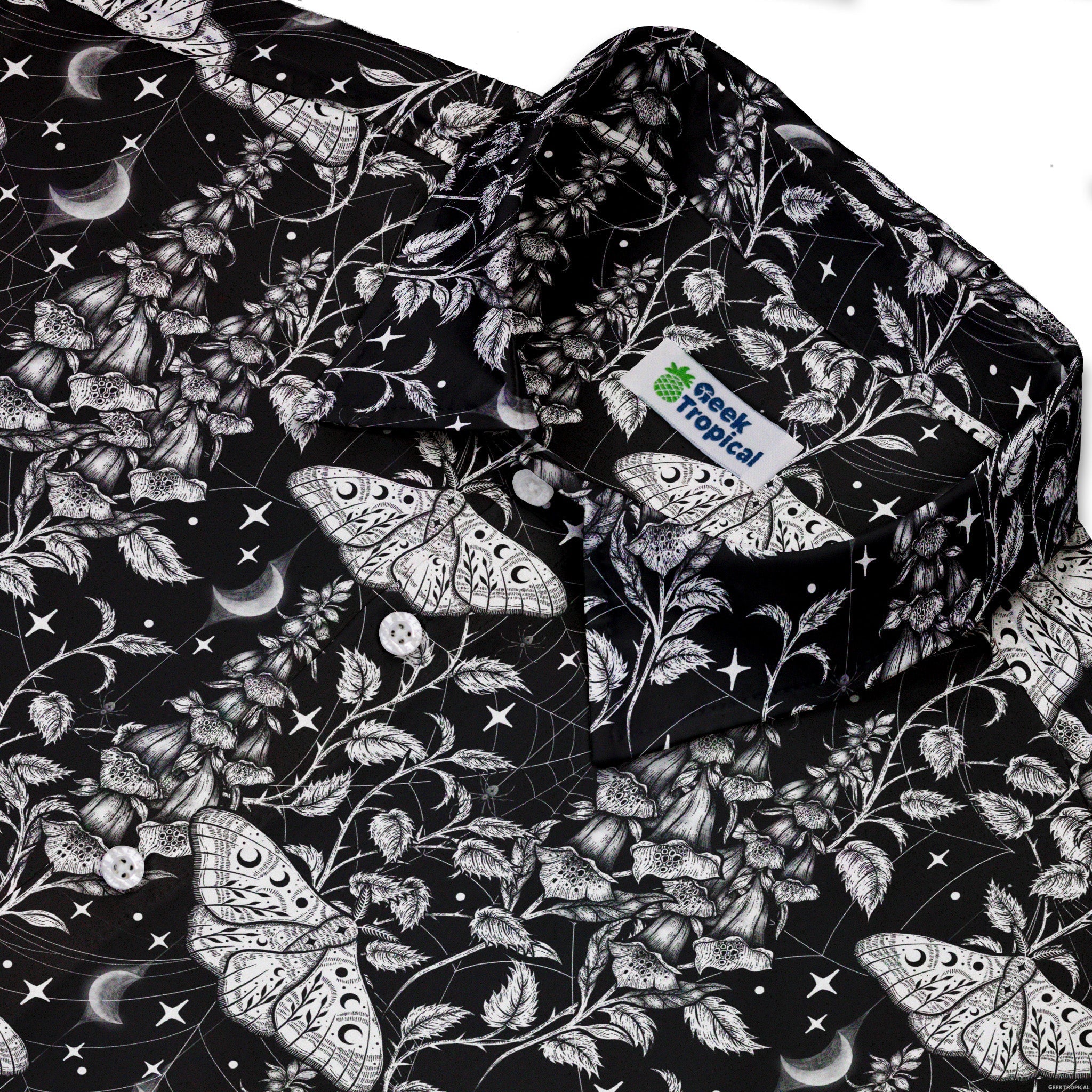 Episodic Moth Black White Night Button Up Shirt | Geek Tropical