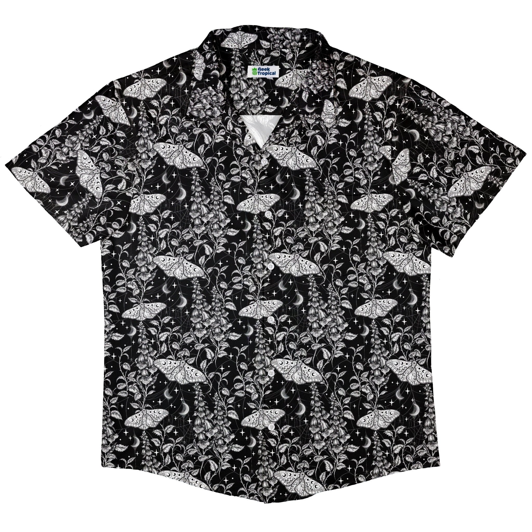 Episodic Moth Black White Night Button Up Shirt - XS - Hawaiian Shirt - No Pocket -