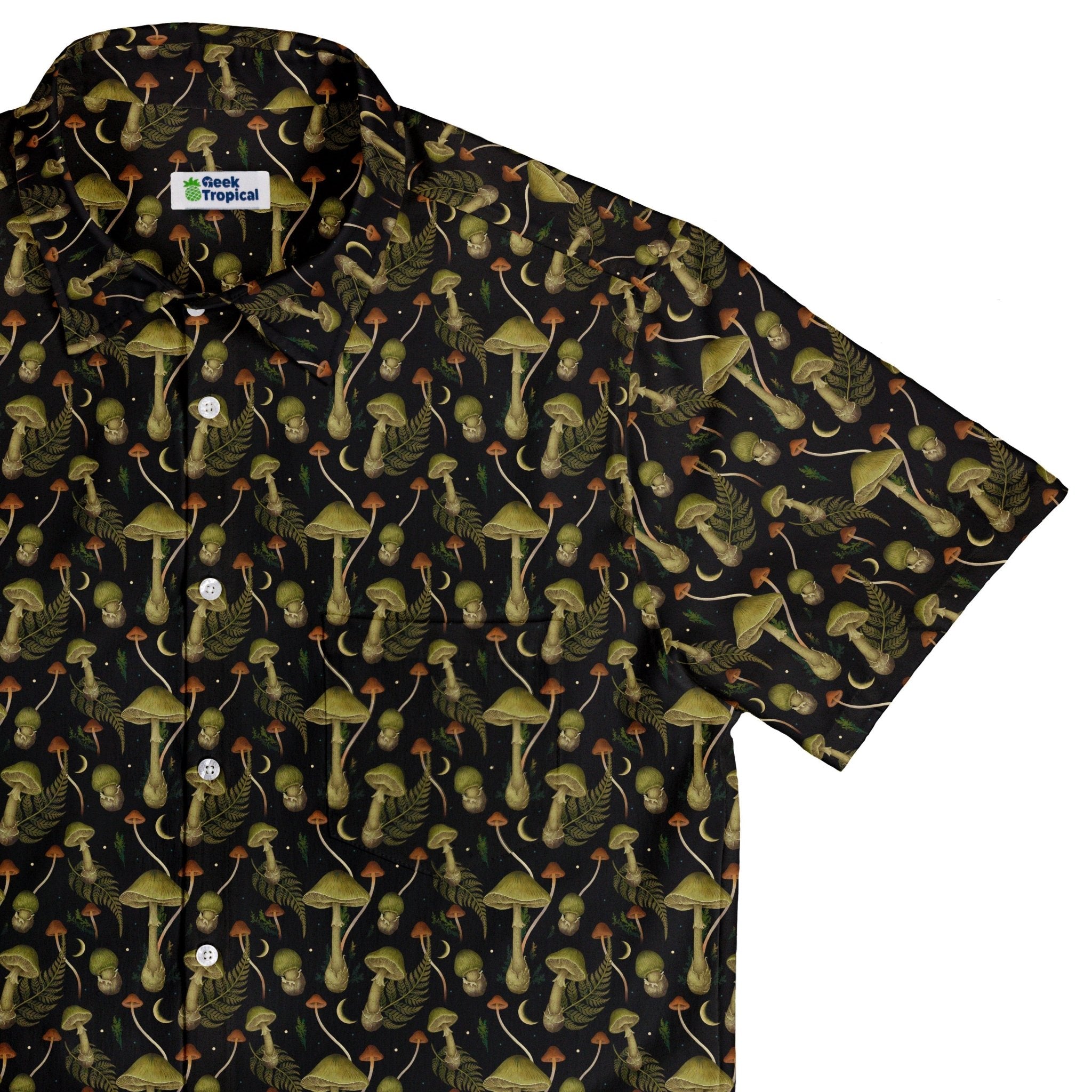 Episodic Mushroom Green Black Button Up Shirt - XS - Hawaiian Shirt - No Pocket -